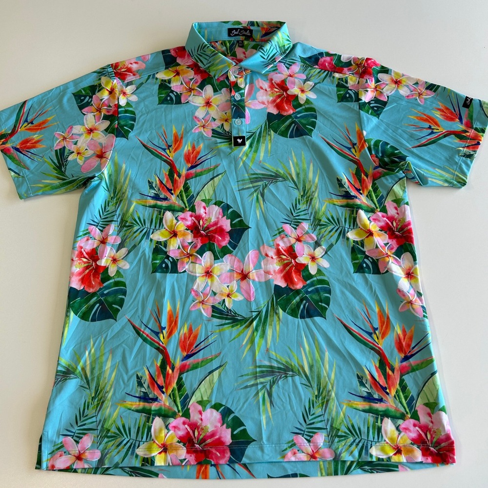 Bad Birdie Mens 2XL Tropical Floral Golf Polo Blue Hibiscus Bird of Paradise